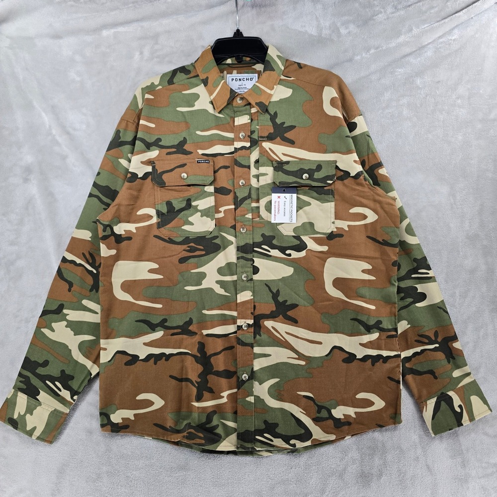 Poncho flannel‎ Shirt Mens Large Camo Magnetic Pockets Long Sleeve Button Up NEW